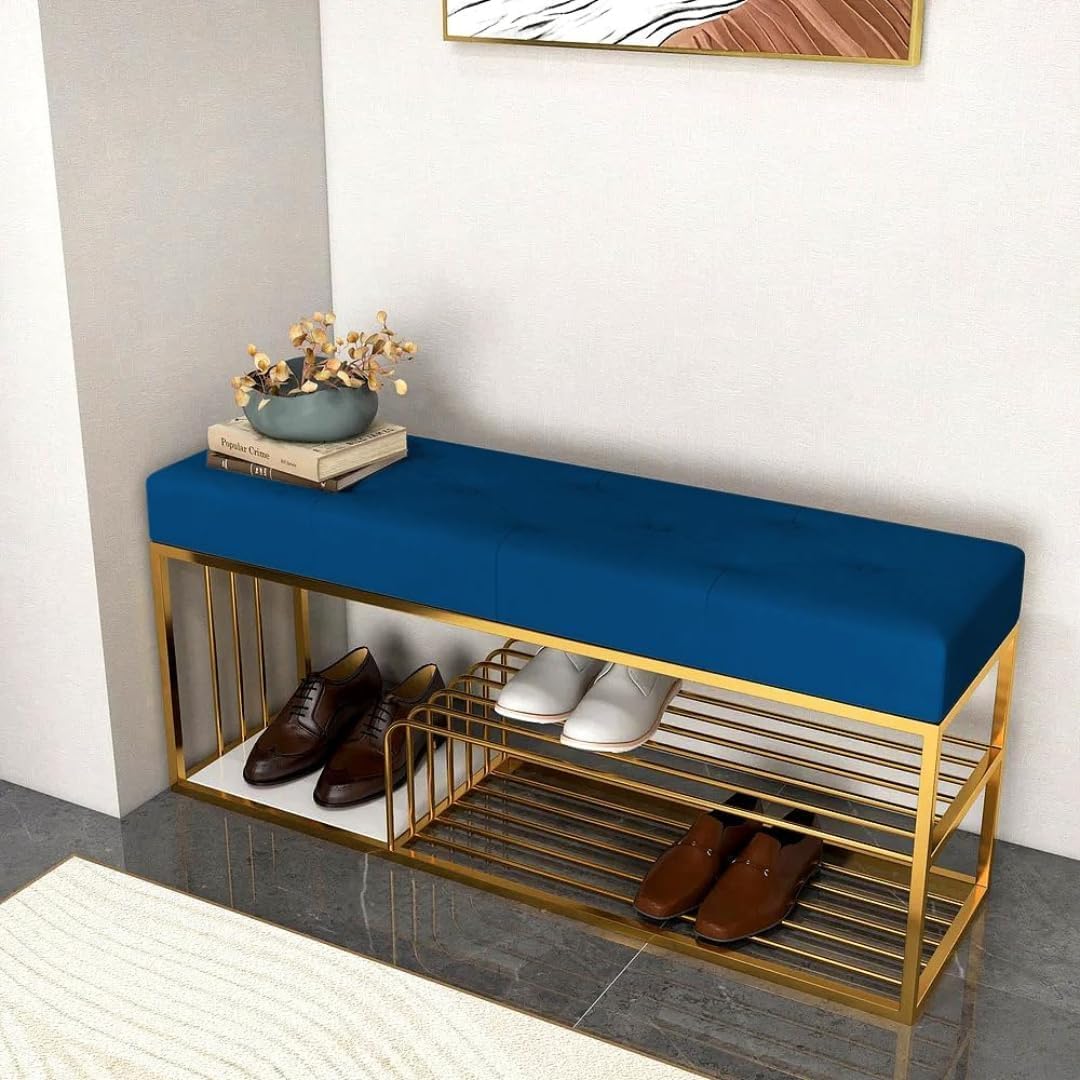 Bench with Storage Medium Size Bench and Velvet Upholstery for The Entryway Sleeping Bench Ottoman, Sofa, Footstool, Bed End Table, Settee, with Storage for Living Area and Bedroom (Blue)