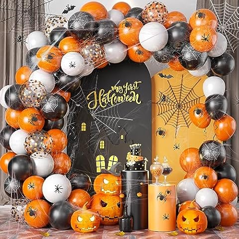 Halloween Balloons Garland Arch Kit 105Pcs Black Orange Balloon Garland kit with Halloween Cobweb Bat Spider Confetti Balloon Black Orange White Balloons for Halloween Party Decorations Indoor Outdoor Cover