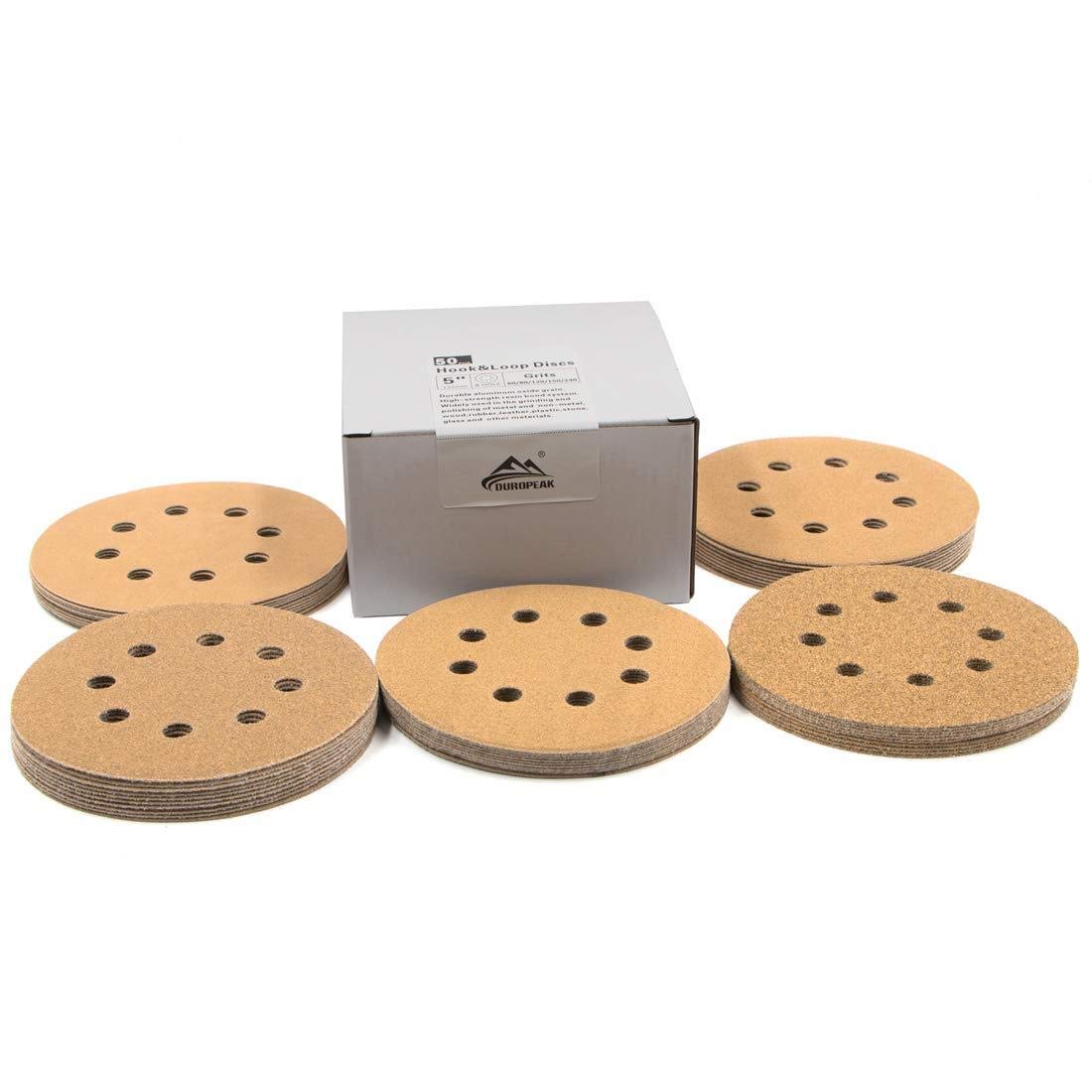 Duropeak 50pack- 5Inch 8Hole Dustless Hook and Loop Sanding Discs (60/80/120/150/240 Grit)