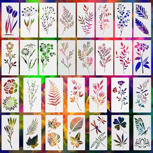30 plantillas para pintar, plantillas de flores reutilizables para manualidades, álbumes de recortes, tarjetas, plantillas florales de 3 x 6 pulgadas para decoración de pared de madera