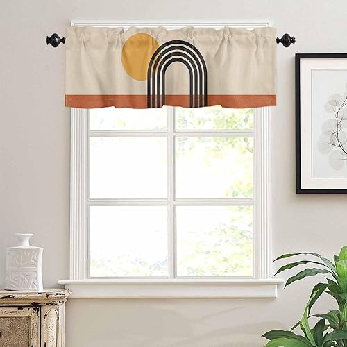 Miniatura 7 de Juego de cortinas semitransparentes con bolsillo para barra, cenefa y niveles de 36 pulgadas de largo, cortinas de arte abstracto de sol y arco