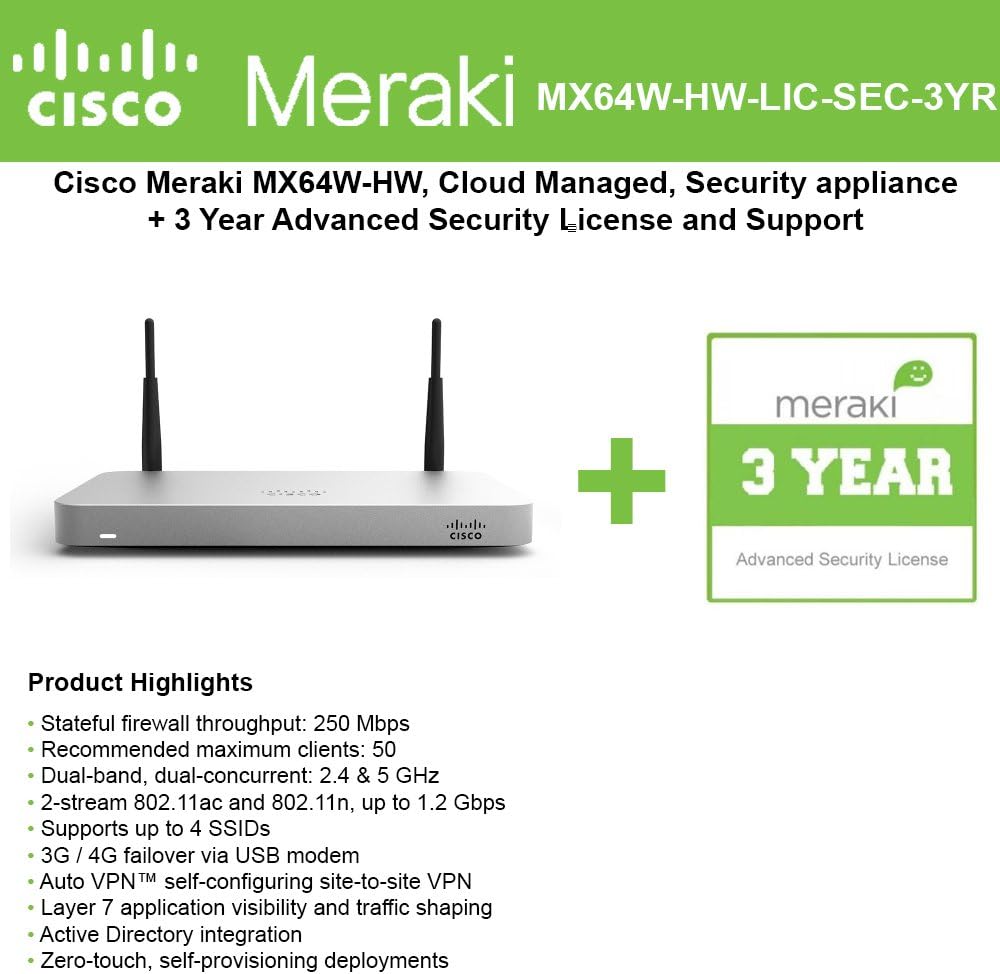 Cisco Meraki MX64W Wireless Firewall Security Bundle, 200Mbps FW, 5xGbE Ports - Includes 3 Years Advanced Security License