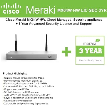 Cisco Meraki MX64W Wireless Firewall Security Bundle, 200Mbps FW, 5xGbE Ports - Includes 3 Years Advanced Security License