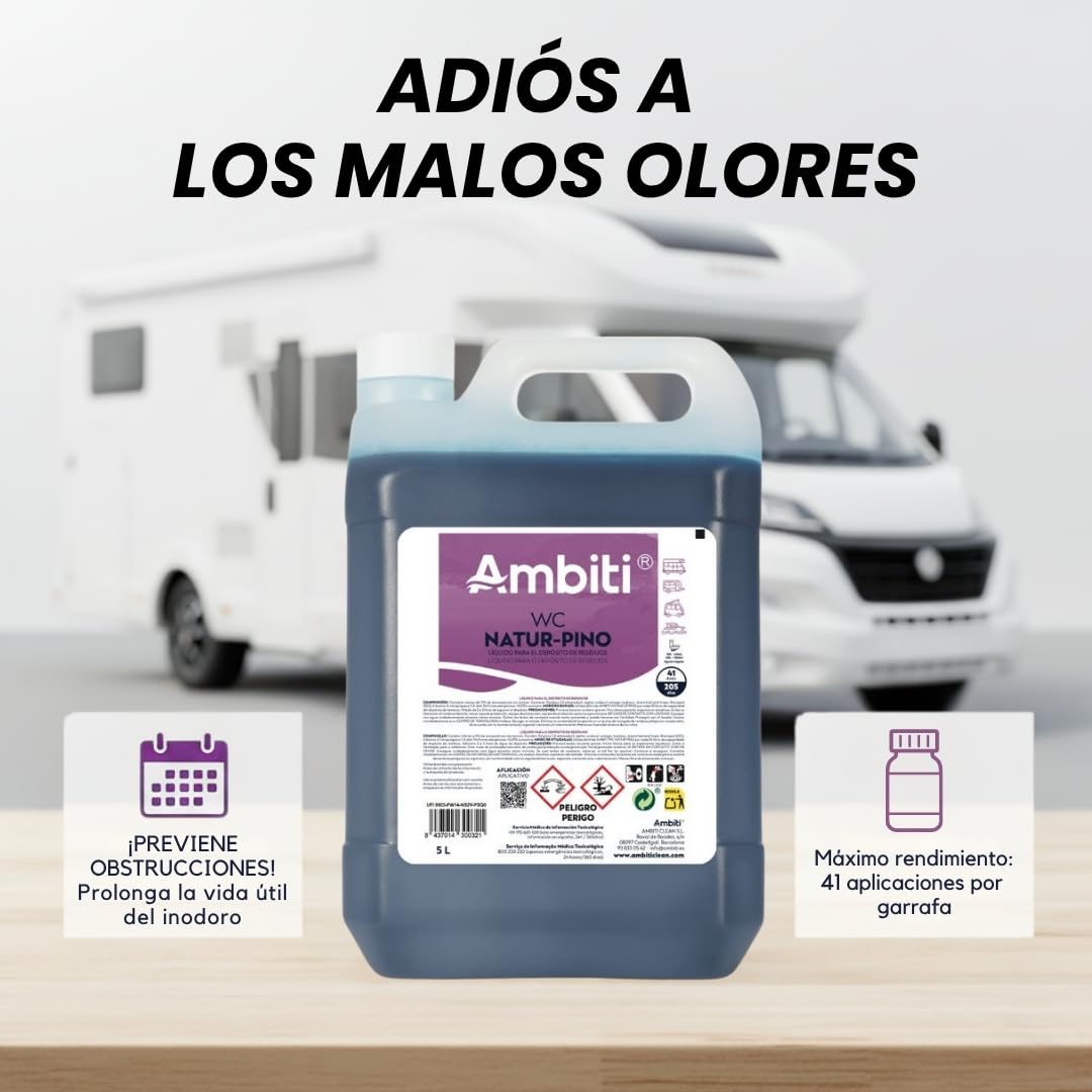 Ambiti | Natur Pino 5L | Aditivo para Depósito de Residuos Aguas Negras | Inodoros Portátiles de Autocaravanas, Caravanas y Barcos | Elimina Olores,residuos y Desinfecta | Fragancia a Pino
