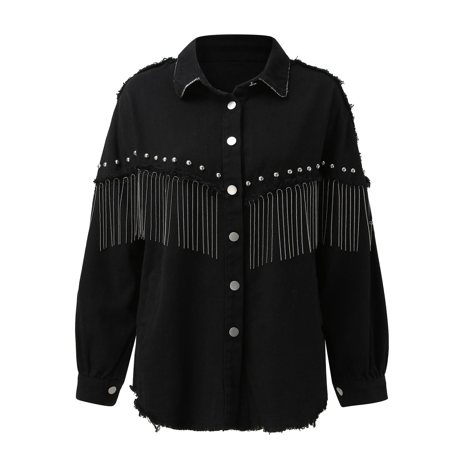 Jeansjacke Damen Oversized Denim Jacke Lässige ausgefranste Quaste Schwarze Jeansjacke für Frauen Mode Fransen Strass Cowgirl Jeans Mäntel Cowgirl-Jeansjacke Langarm Strickjacke Streetwear