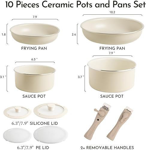 Miniatura 2 de Juego de utensilios de cocina antiadherentes de cerámica de 5 piezas, sin PFASPFOAPTFE, ollas y sartenes no tóxicas con asas desmontables, apto para