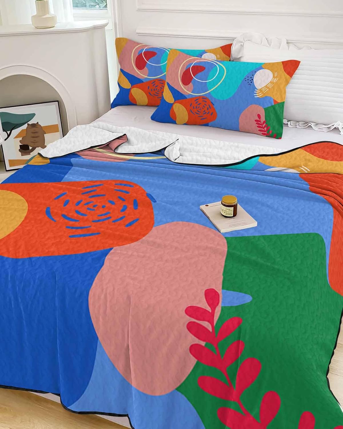 King Size Quilt Set, Boho Morandi Color Block Lightweight Bedspread Coverlet Set Soft Microfiber Summer Quilt with 2 Pillow Shams, Mid Century Abstract Geometric 3 Piece Comforter Bedding Set