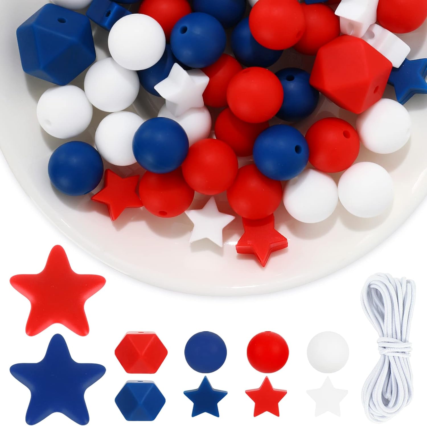 Whaline 108Pcs Patriotic Silicone Beads with String Star Shaped Rubber Loose Bead Red Blue White Round Hexagon Spacer Beads for 250th Anniversary 4th of July Independence Day DIY Crafts