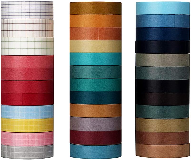 Molshine 35rolls Washi Masking Tape Set,Sticky Paper Tape,Crafts Tape for DIY,Diary Decorative,Gift Wrapping,Scrapbook,Office,Party Supplies,Collection - Pure Color and Grid Series