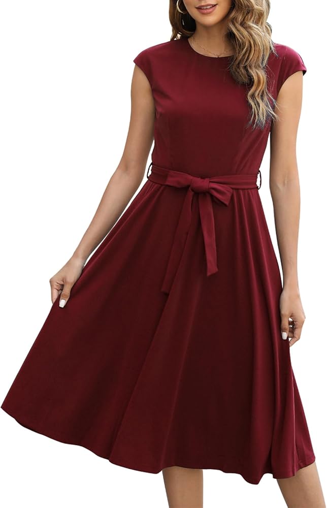 Amazon.com: Women's Cap Sleeve Fit and Flared Dress Summer Cocktail Elegant  Midi Dresses with Belt MY227 (Wine, L) : Clothing, Shoes & Jewelry
