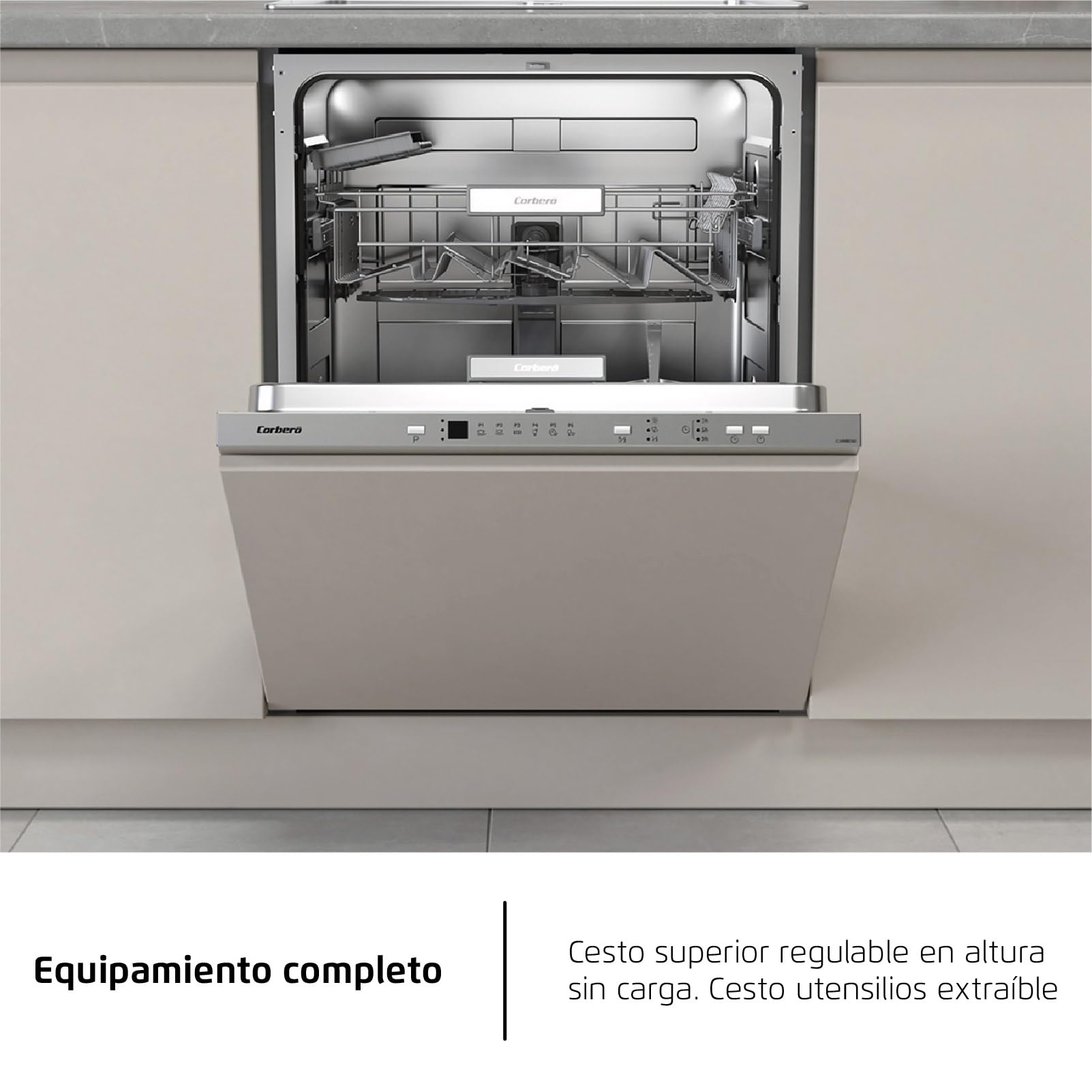 Corberó - Lavavajillas integrable 60 cm | CLVM8626I | 13 cubiertos | 6 programas | Tercera bandeja mini | Función ECO| Media Carga| Función 3 en 1 | Auto Apertura | Inox