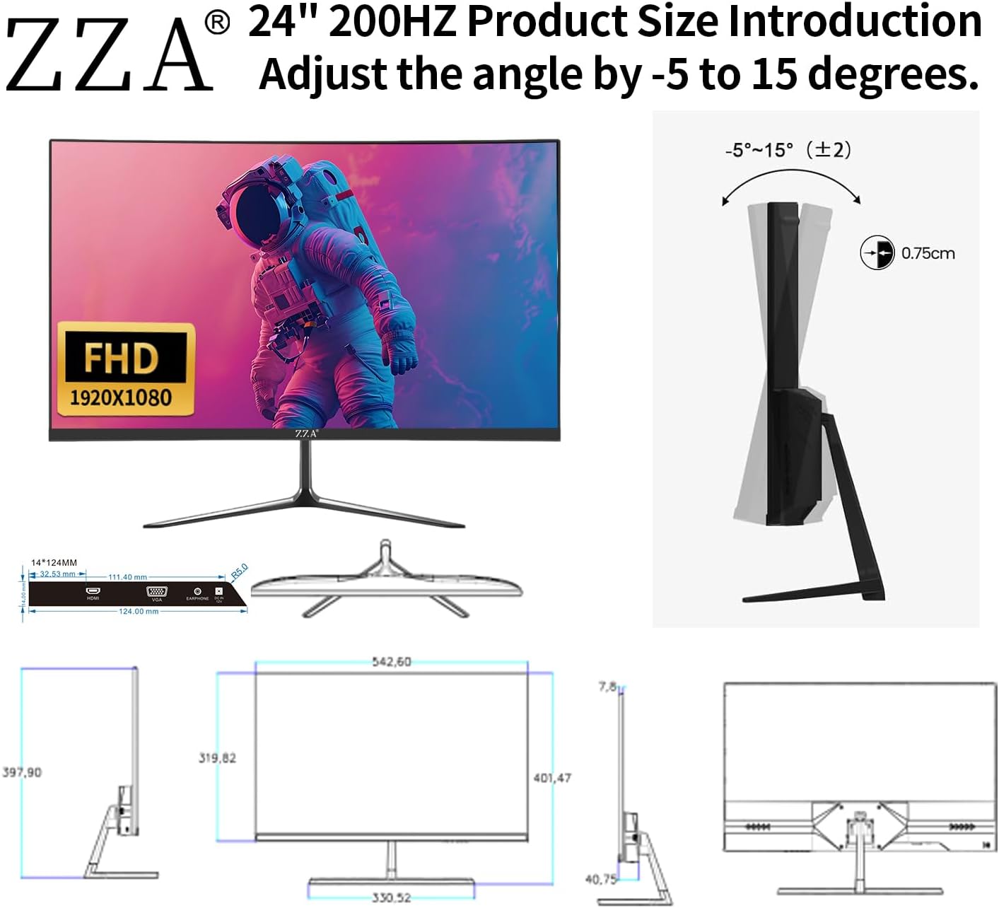 ZZA Computer Monitor 24 inch 200HZ 1K,CP Screen 99% sRGB FreeSync, Gaming Monitor Frameless Full on Three Sides,VESA, HDMI, DP,Curved Monitor Blue Light Filter for Home, Office and Dormitory image 8 of 8 B0FH52MNYL