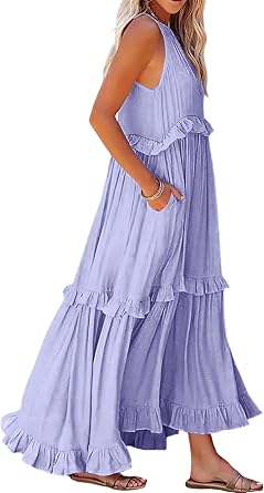 Womens 2024 Summer Dresses Sleeveless Halter Tie Back Maxi Dress Pleated Tiered Flowy Beach Long Dresses Sundress