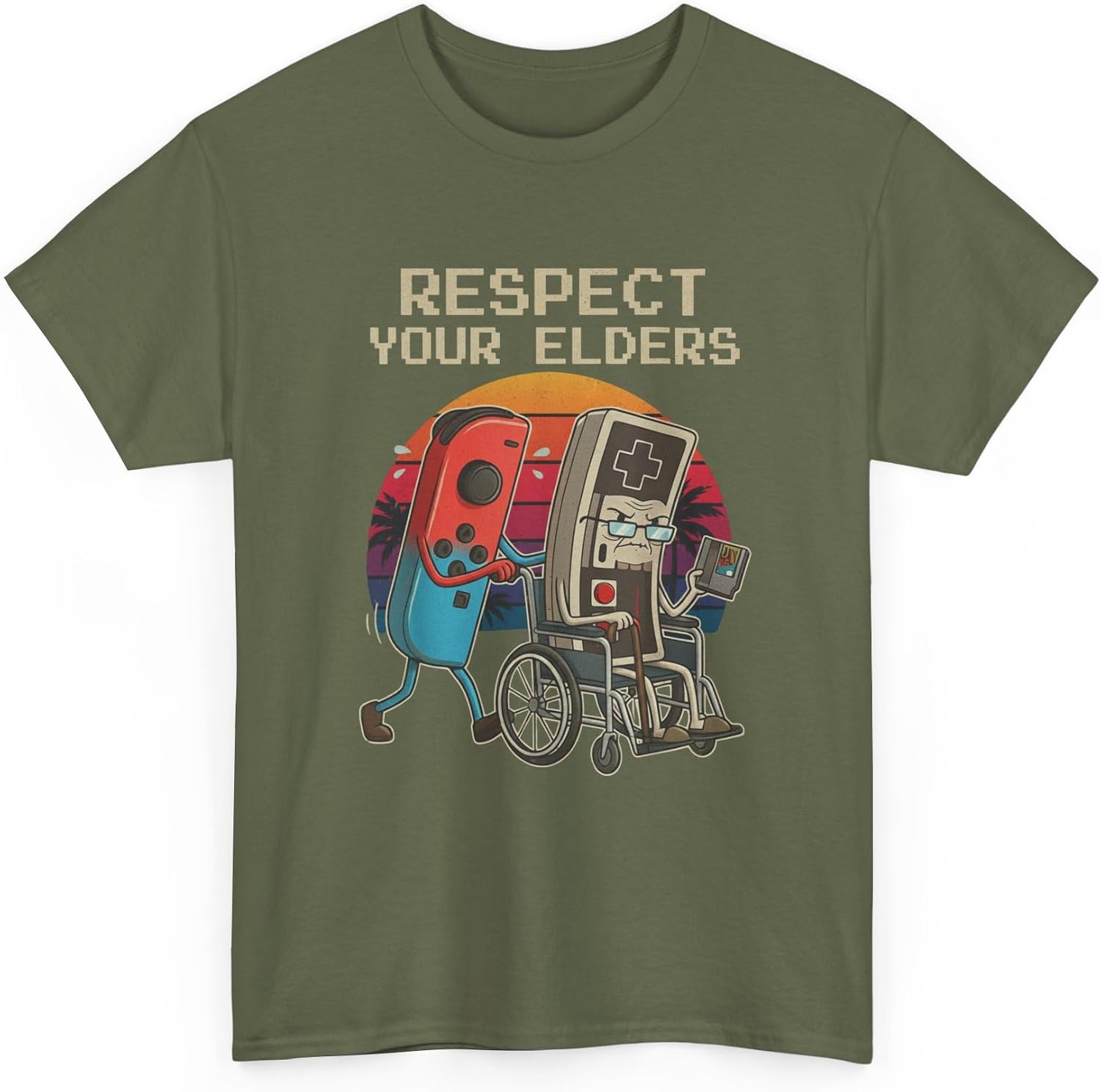 Respect Your Elders Funny Retro Gaming Controller Graphic 8-Bit Pixel Art Humor Military Green