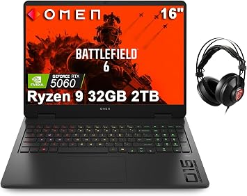 HP OMEN 16 Gaming Laptop, 16 FHD+, AMD Ryzen 9 8940HX, 32GB DDR5, 2TB SSD | NVIDIA RTX 5060 8GB, 144Hz,gt; Intel Ultra 7 255H, 4-Zone RGB Backlit KB, 1080p IR Webcam, AI Copilot, Headset, Win 11 Home