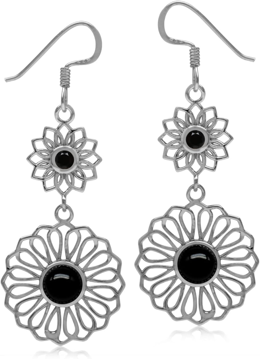 Silvershake 6MM Round Shape Gemstone White Gold Plated or Yellow Gold Plated 925 Sterling Silver Scroll/Filigree Flower Bohemian Inspired Dangle Hook Earrings Jewelry for Women