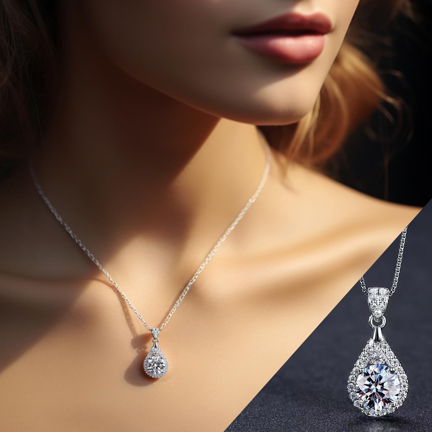 FEIKFEIZ Collana in moissanite da donna, pendente in diamante coltivato in laboratorio da 2 carati, placcata in rodio, collana d'argento con una sola gemma, con scatola regalo inclusa.