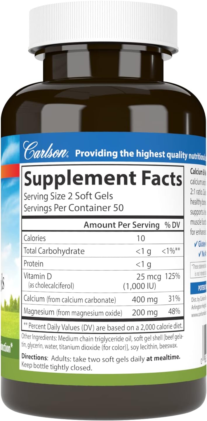 Carlson - Cal-Mag Gels, 2:1 Calcium to Magnesium Ratio, Bone Support, Energy Production, 100 Soft gels (Pack of 2)