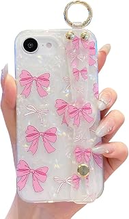 for iPhone 16E Case with Stand Hand Wrist Strap and Ring, Cute Trendy IMD Pattern Camera Protection Soft TPU Shockproof Protective Case for Girls Women - B-Bow
