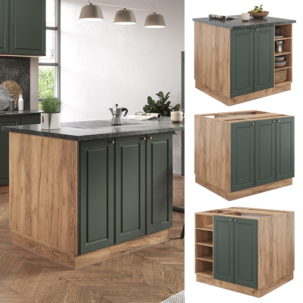 Vicco Fame-Line Kitchen Island, Green Oak and Gold/Golden Oak, 90 cm | PT-free, suitable for flexible extension with additional modules