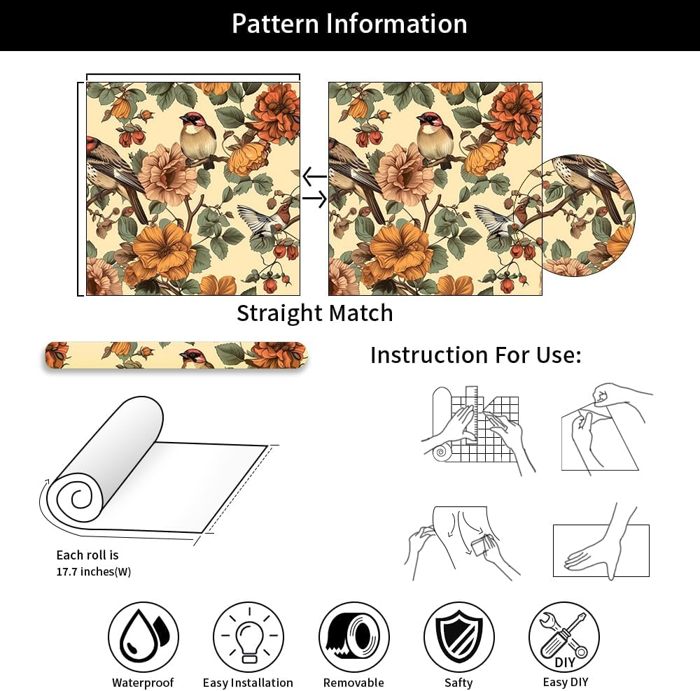 18"x236" Beige Orange Flower Bird Vintage Peel and Stick Wallpaper Easy Peel Off Contact Paper Vintage Vinyl Self Adhesive Removable Stick on Wall Paper for Kitchen Cabinet Renter Friendly