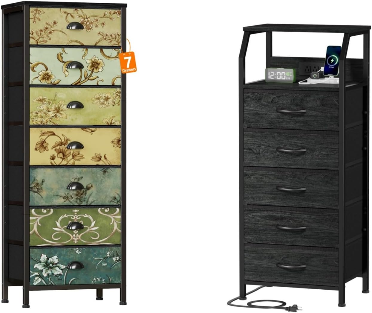 Furnulem Tall Dresser for Bedroom with 7 Drawers & 5 Fabric Drawers Night Stand with Charging Station for Closet, Entryway, Bedroom Furniture, 3 Ways to Use, Black Oak