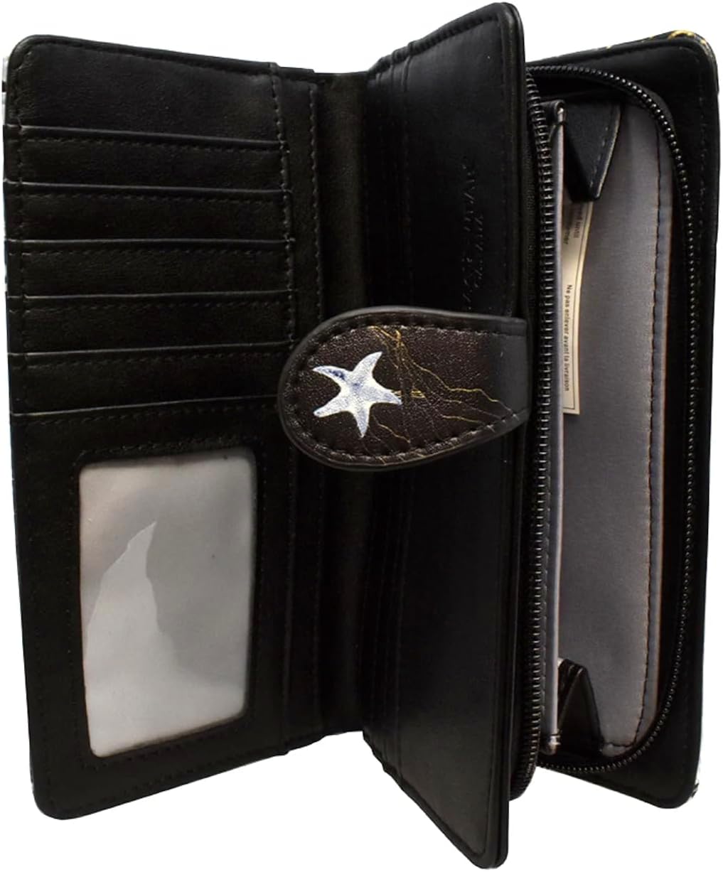 Shag Wear Orca Large Wallet Vegan Faux Leather Ocean Design Clutch with Card Slots Bill Compartments ID Window Zippered Coin Pocket 7" Black