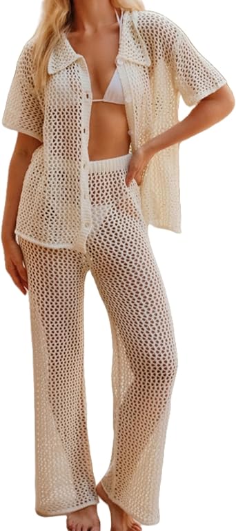 Perbai Womens Crochet 2 Piece Bathing Suit Cover Up Button Down Short Sleeve Top and Long Pants Summer Beach Sets