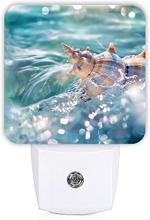 Seashell Night Lights Plug Into Wall, Coastal Nautical Water Halo Summer Blue Energy Saving Automatic Led Night Lights for Bathroom Hallway Stairs Decor 1pcs