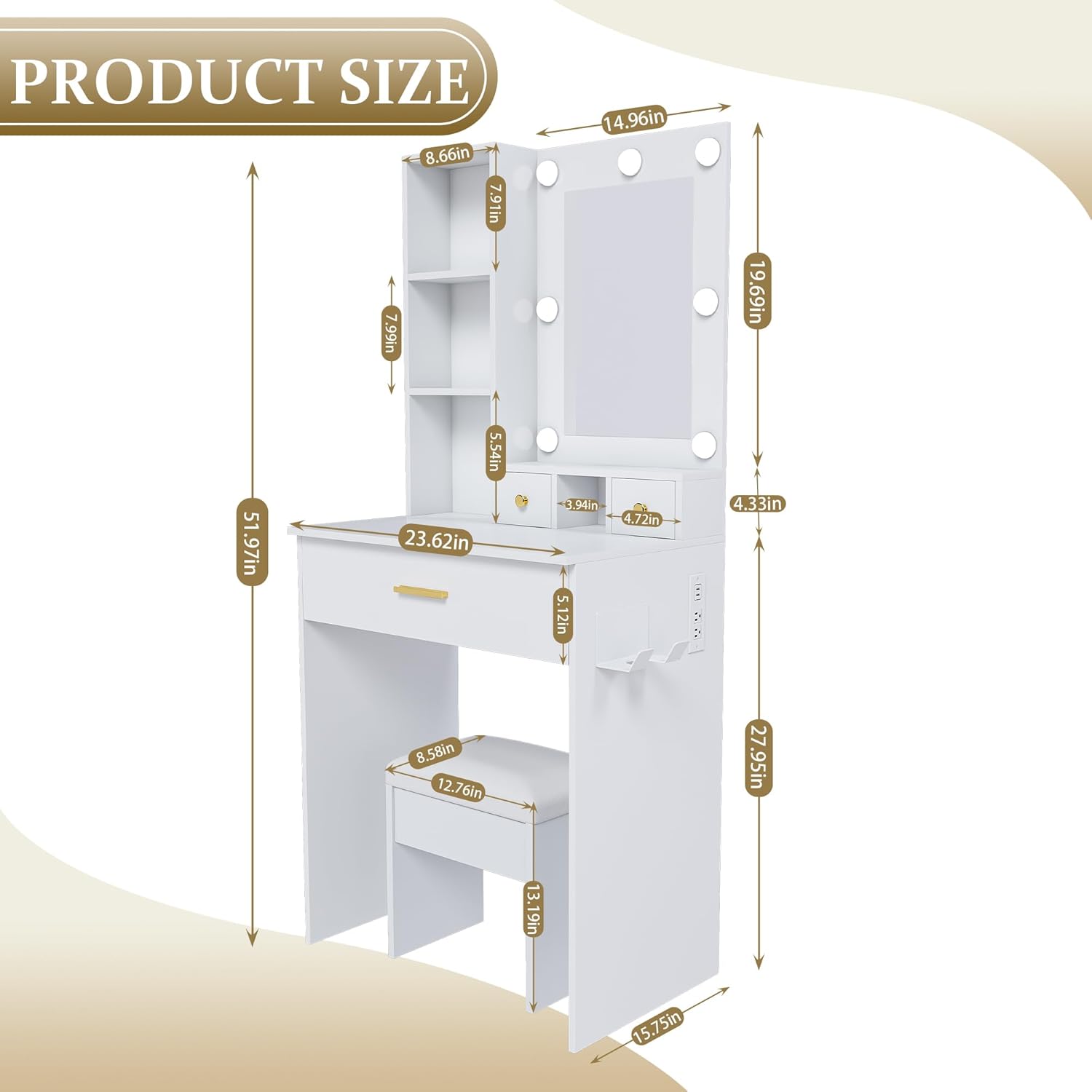 Saiveina 23.6" Vanity Desk with Mirror & Adjustable LED Lights, Power Outlet, Hairdryer Holder & Stool, Compact Dressing Table for Small Bedrooms Dressing Room, White