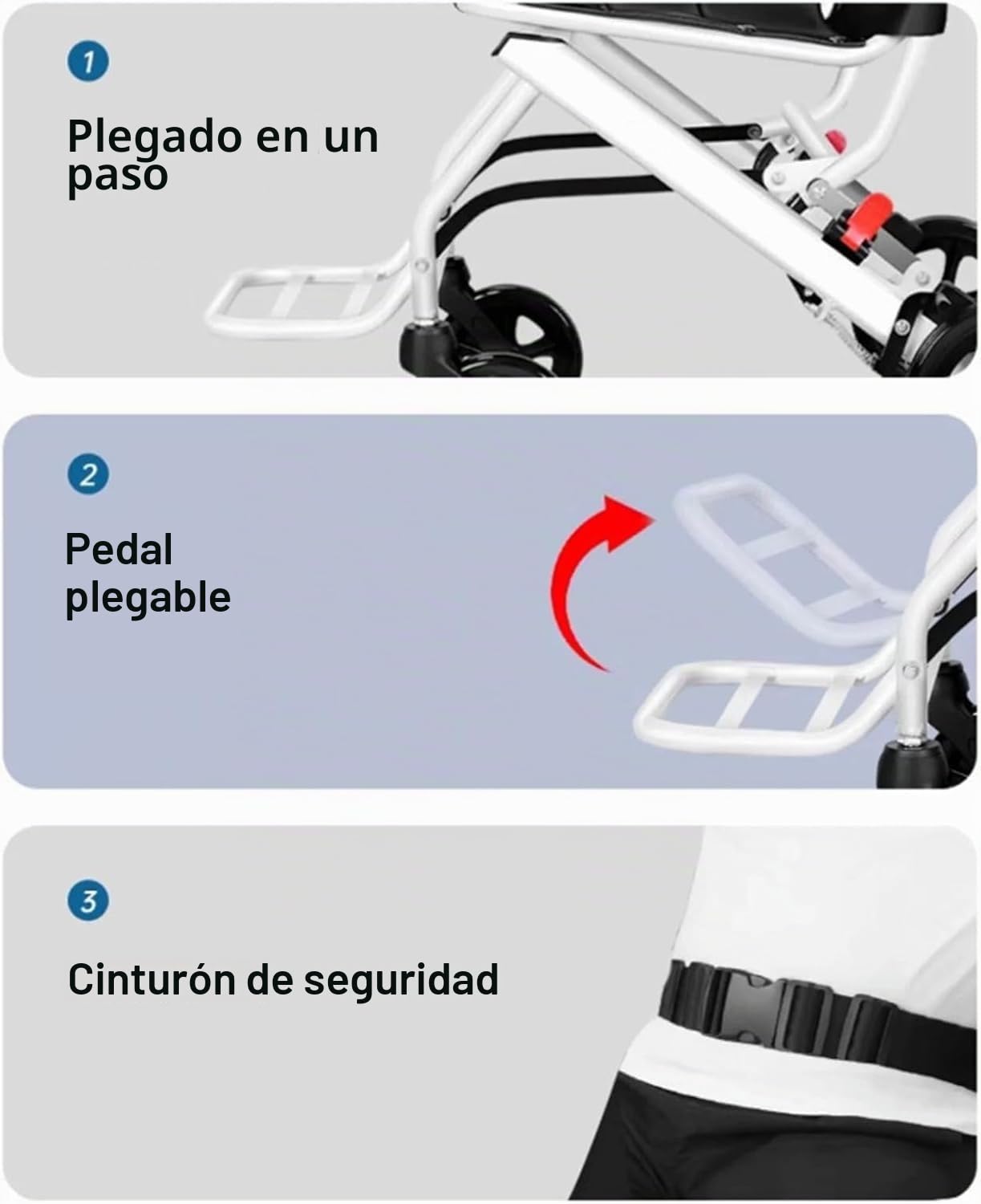 Silla de ruedas plegable ligera, solo 8,2 kg, sillas de ruedas de transporte portátiles con correa de seguridad ajustable, reposabrazos abatibles de 270°, reposapiés extraíble, silla de viaje