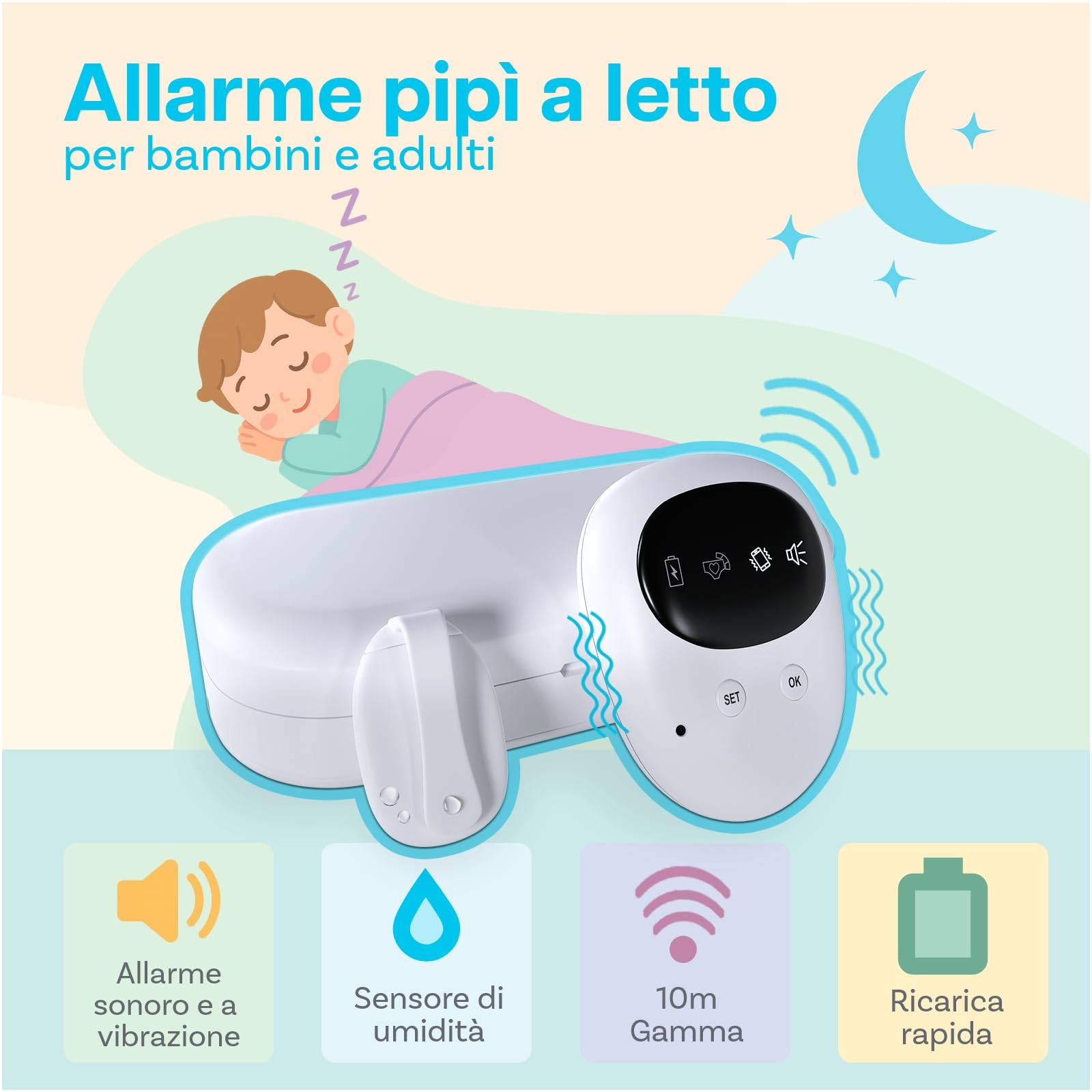 Allarme Enuresi Senza Fili di MMOBIEL - Dispositivo Pipì con Suono e Vibrazione - Sensore Enuresi Notturna per Bambini e Adulti - Sensore di Urina Notturno Ricaricabile - Strumento per Vasino