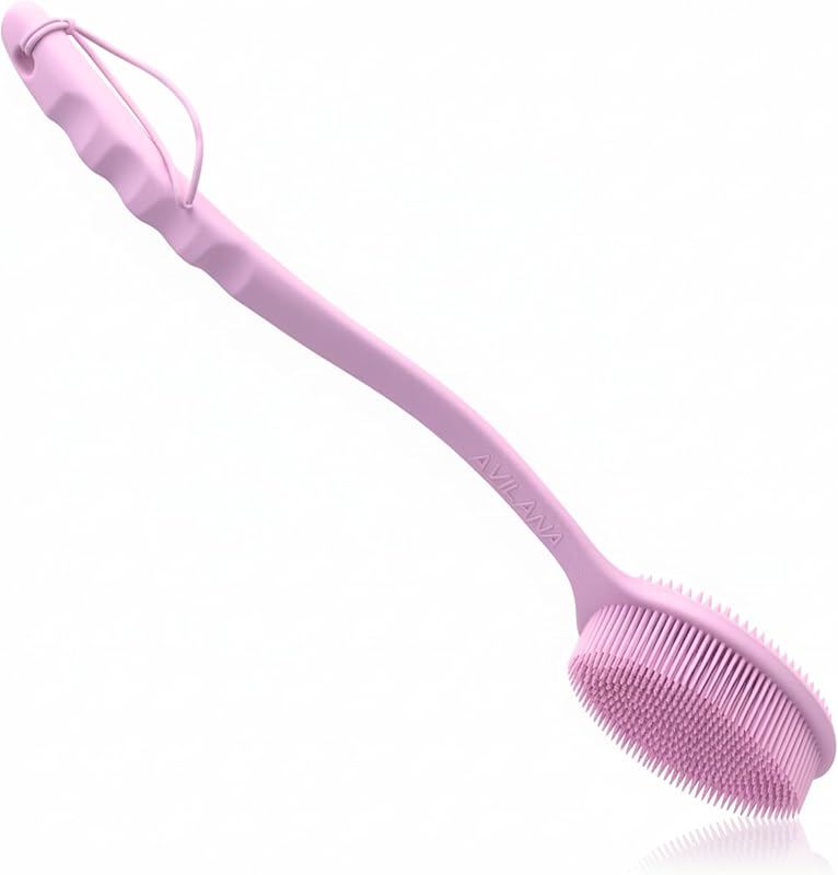 Escova de silicone para banho Avilana com cabo longo, dupla face, rosa