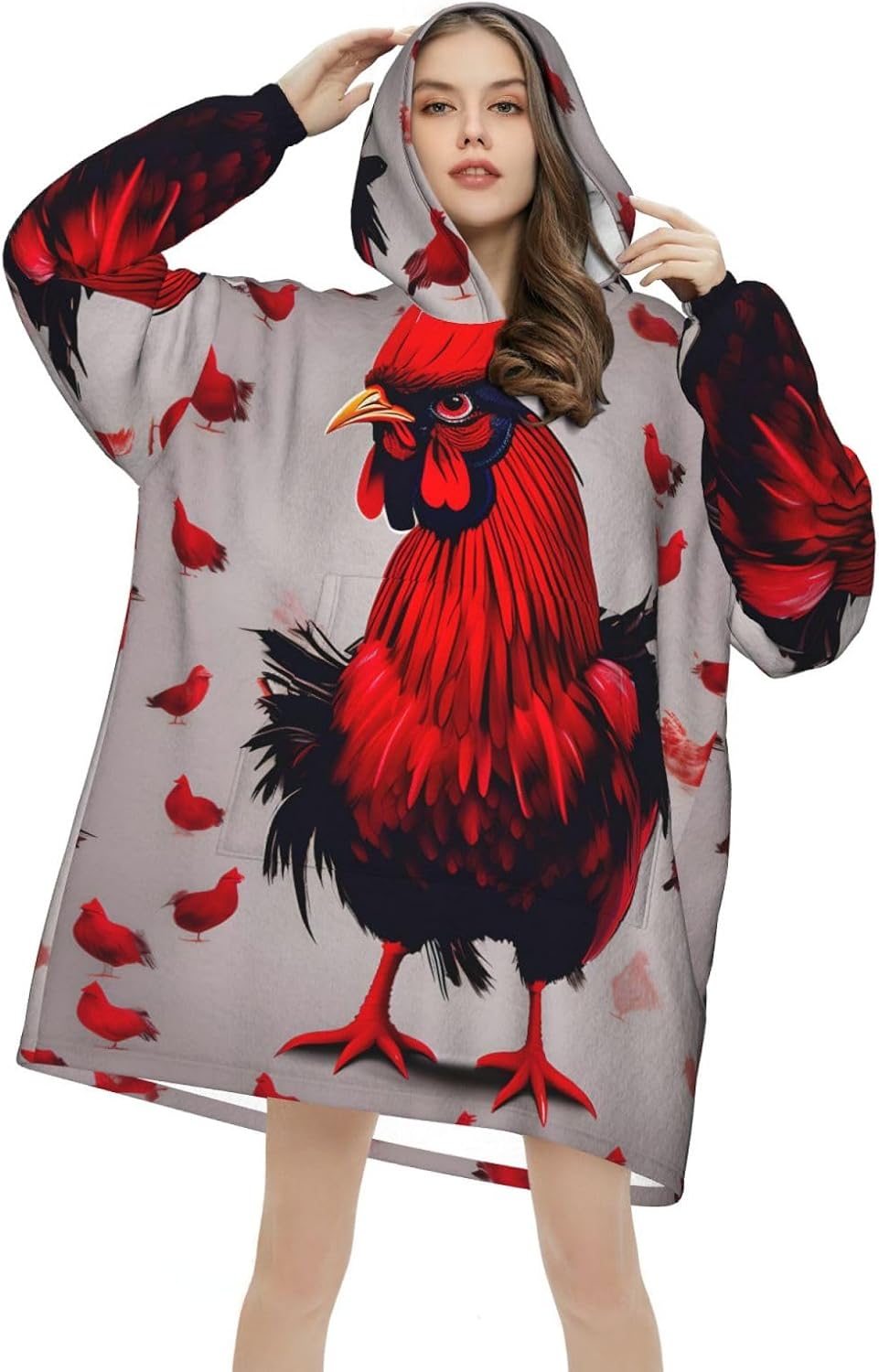 Red Chickenprint Oversized Hoodie Blanket, Super Soft Warm Comfortable Hoodie, Wearable Blanket Adult