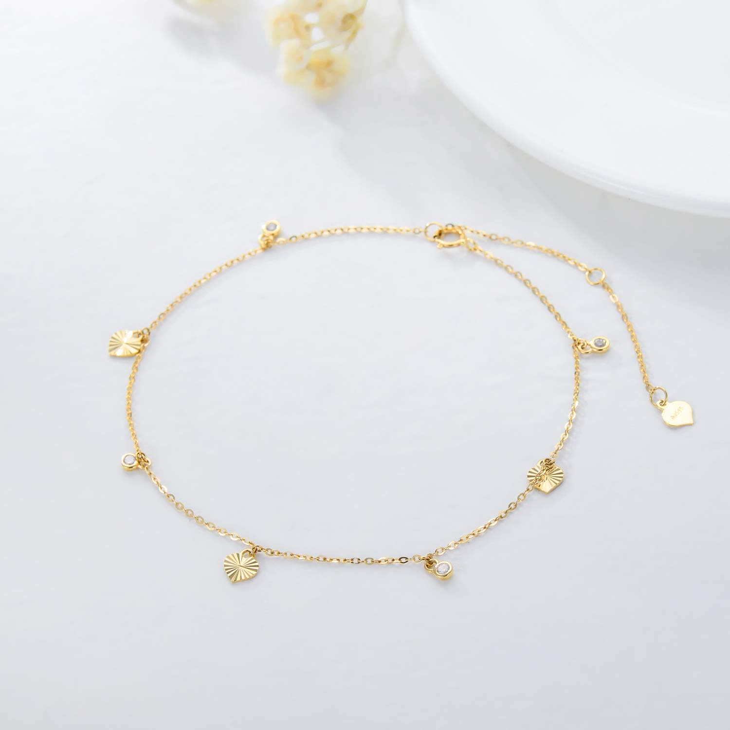SISGEM Solid 14K Gold Heart Anklets for Women, Yellow Gold Ankle Bracelet Anklet Jewelry Anniversary Birthday Gifts for Her, Wife, Mom,8''+2''