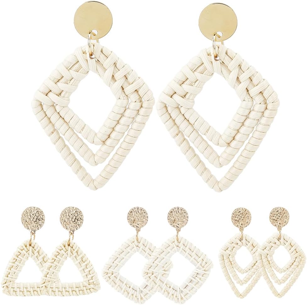 4 Pairs 4 Styles Rattan Earrings Bulk Dangle Boho Earrings Large Rhombu Triangle Woven Tropical Bohemian Eardrop Accessories Straw Wicker Ear Studs for Women Summer Beach Party Supplies