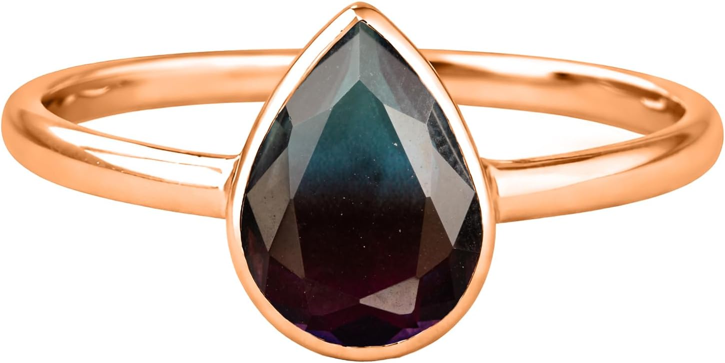 925 Sterling Silver Two Tone Tourmaline Color Rhinestone Ring for Women |18K Rose Gold Vermeil | Faceted Raindrop Cut Glass Stone Jewelry | Minimal Modern Statement Ring | Color Inspired Design