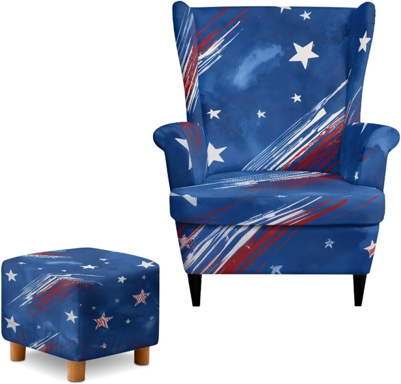 Talayituse Toile De Jouy House Print Wingback Chair Slipcover 3 Piece Set, Wing Back Chair Covers with Arms, Stretch Elastic Machine Washable Furniture Cover with Ottoman Cover for Living Room