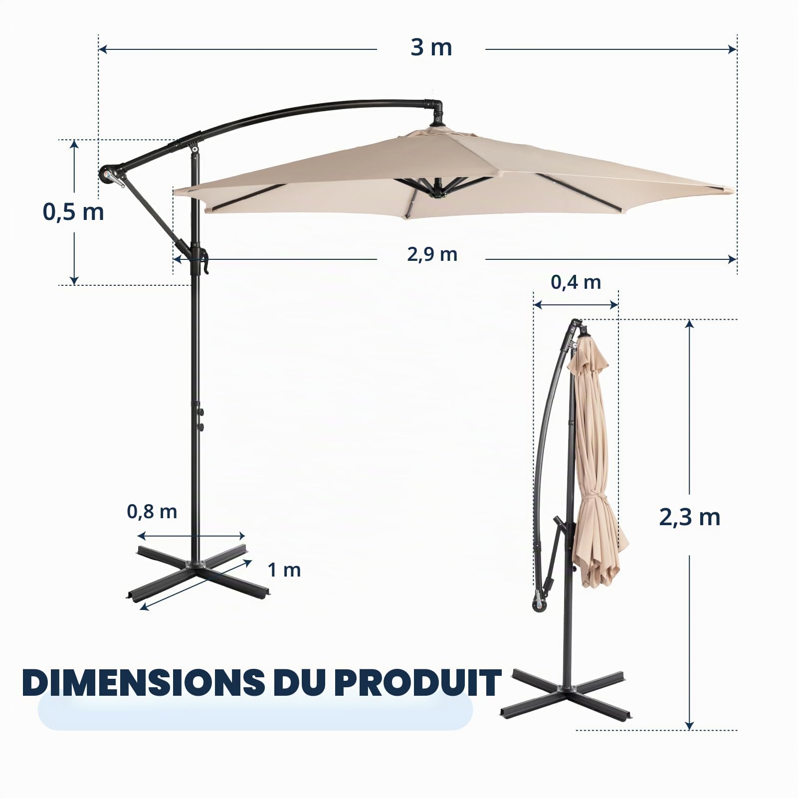 LEADZM Parasol déporté Ø 300 cm avec manivelle et rotatif à 360° avec 6 baleines, imperméable et protection UV, parasol de jardin avec support pour jardin, terrasse et extérieur