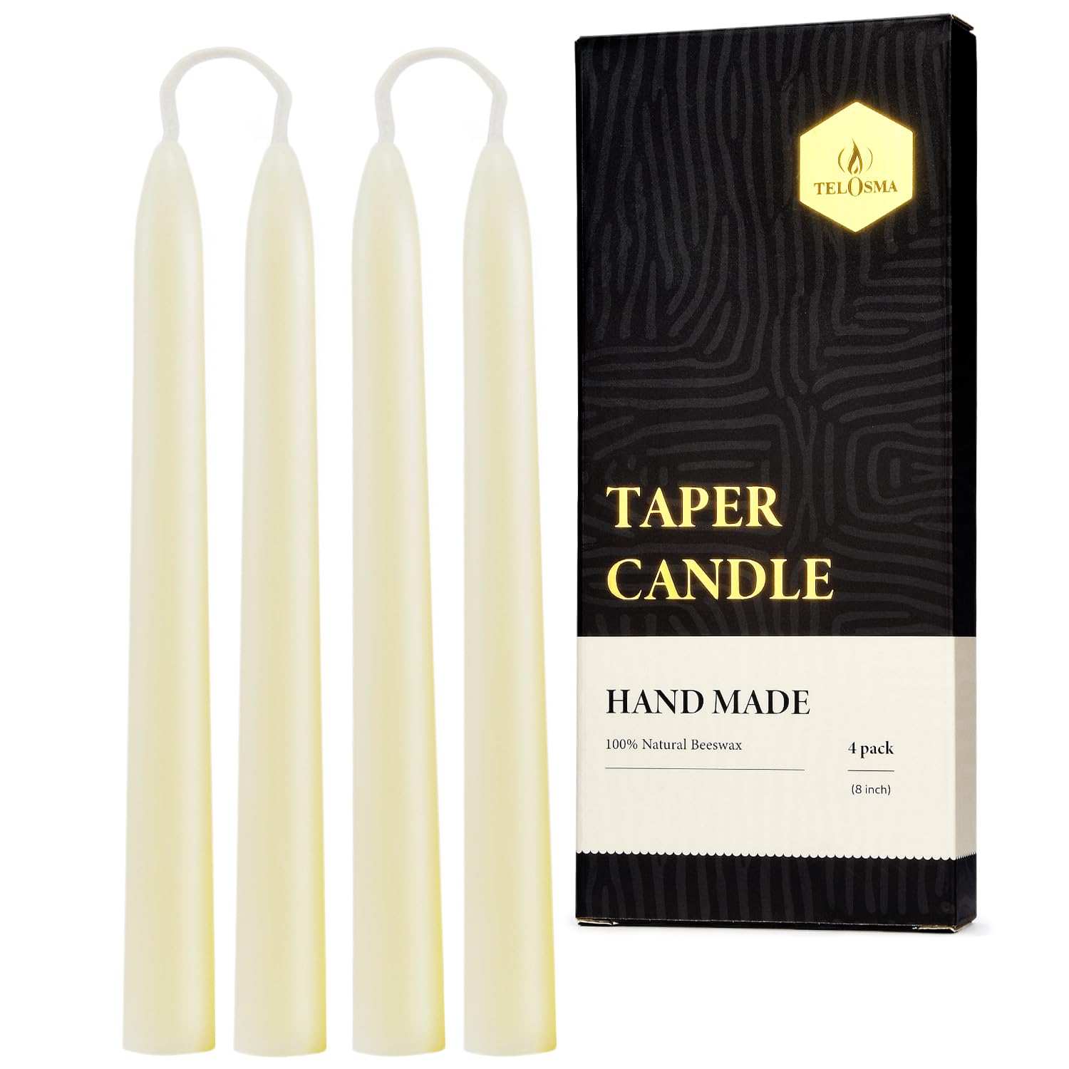 TELOSMA Pure Beeswax Taper Candles, Unscented, Off White, 8 Inch, 4 Pack