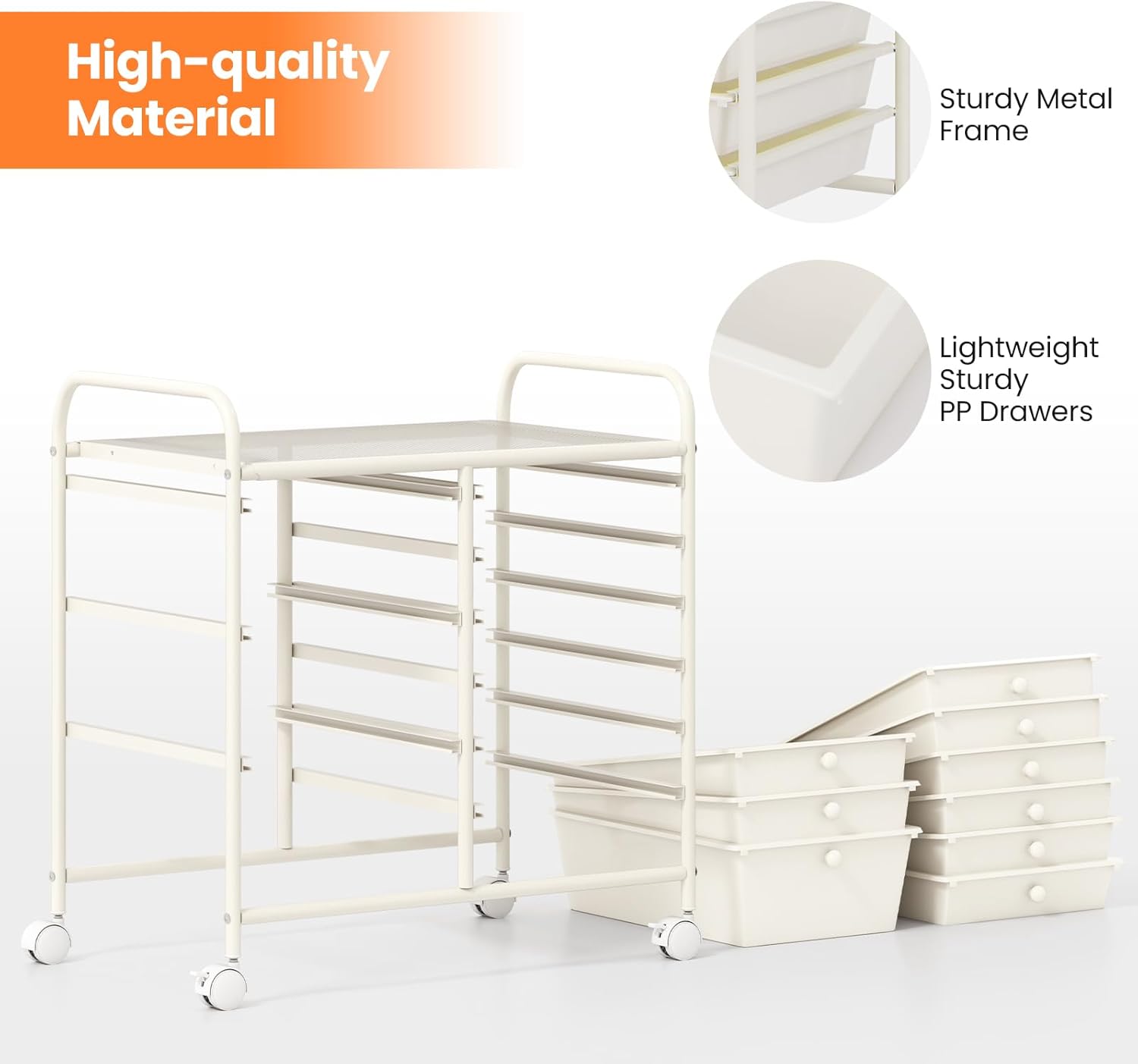 Giantex 9 Drawers Rolling Cart, Classroom Organizers, Storage Cart with Wheels, for Teacher Office Home School Supplies Tool Craft Art Paper, Ivory