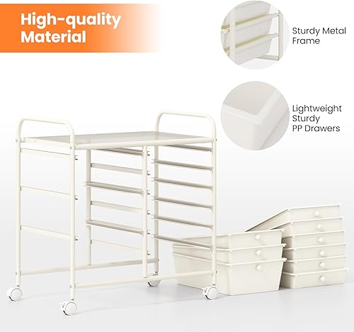 Vista 208 de Giantex - Carrito rodante, 10 cajones, organizador para aula, carrito de almacenamiento con ruedas para útiles escolares, de oficina, hogar, Negro