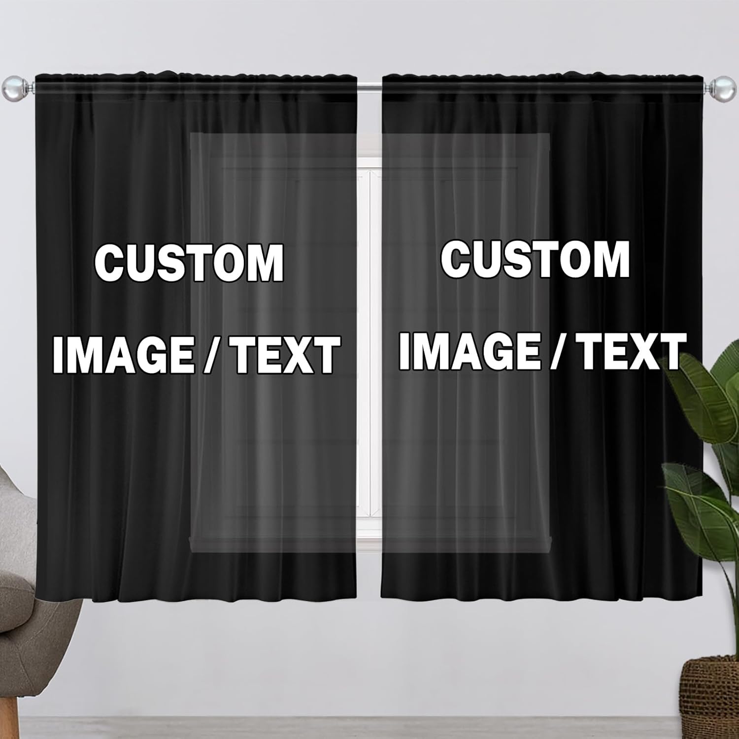 Custom Sheer Curtains with Photo Text 2 Panels Personalized Rod Pocket Light Filtering Window Drapes for Living Room, Bedroom (1 Image, W52 x L84 in)