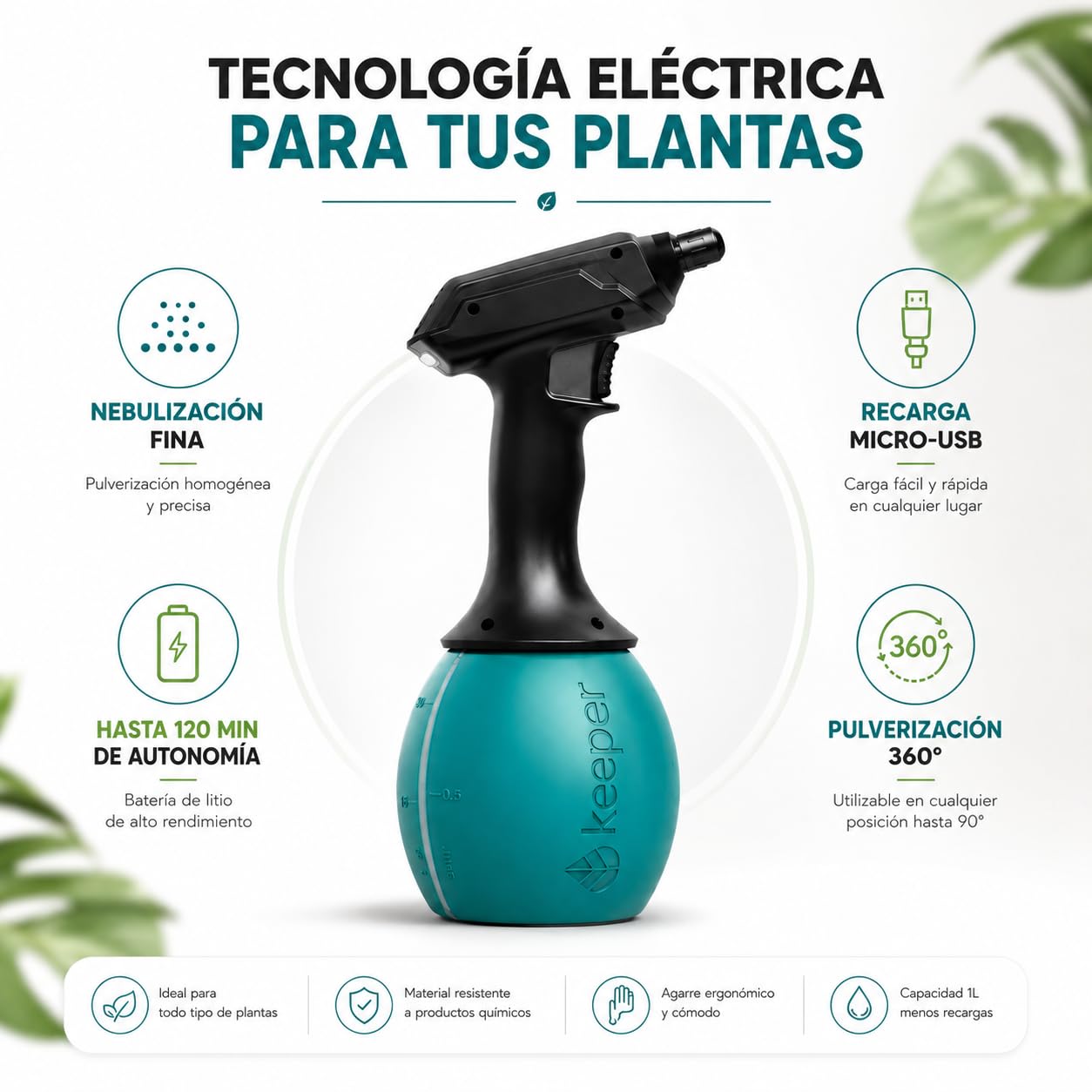 Keeper Pulverizador Eléctrico para jardín Keeper Forest 5. Batería Litio. Recarga Mediante USB. Indicador Luz. Boquilla Regulable. 120min Autonomía.5L (1 Litro)