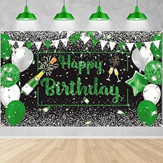 Green Silver Black Birthday Banner Decorations Green Happy Birthday Backdrop Champagne Glass Balloons Photo Booth Background for Man Women Green Birthday Party Decoration Supplies 73 x 44 Inch