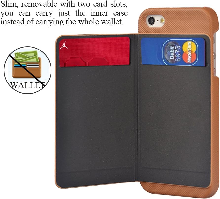 UrSpeedtekLive iPhone 5/5S/SE Detachable Wallet Case, Premium Vegan Leather Folio Flip Kickstand Case Cover with Card Slot, Wrist Strap, Magnetic Closure for Apple iPhone 5/5S/SE,Brown