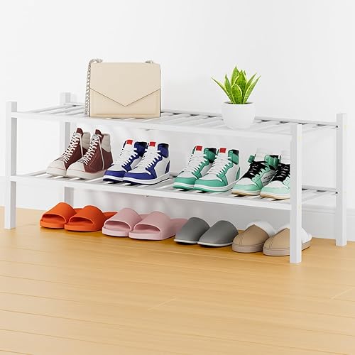 Miniatura 25 de Smiry Estante para zapatos, organizador de zapatos de bambú de 2 niveles, estante de almacenamiento de zapatos de madera apilable independiente para