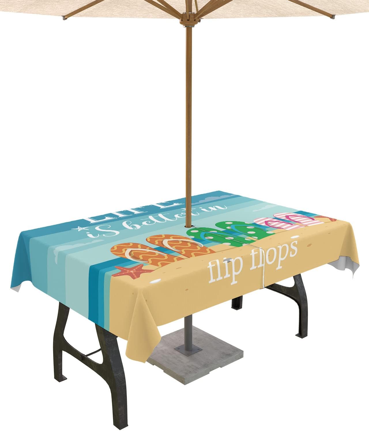 Summer Beach Flip Flops Table Cloth with Umbrella Hole and