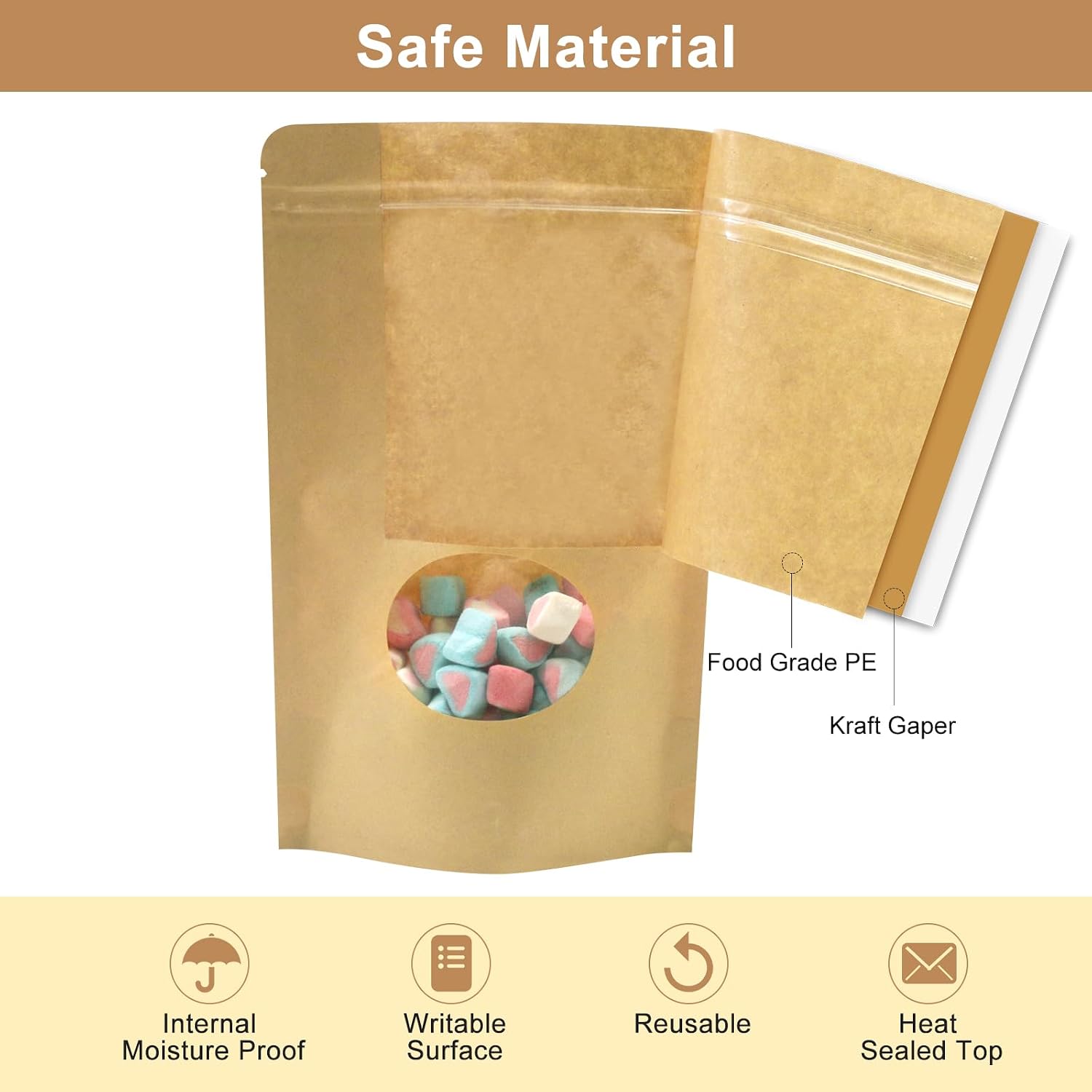 SumDirect 100Pcs Kraft Paper Bag Zip Lock,Stand-up Reusable Sealing Bag with Transparent Window and Tear Notch for Storing,Cookie,Dried Foods,Snack (5.9x 8.6 Inch-100Pcs) image 4