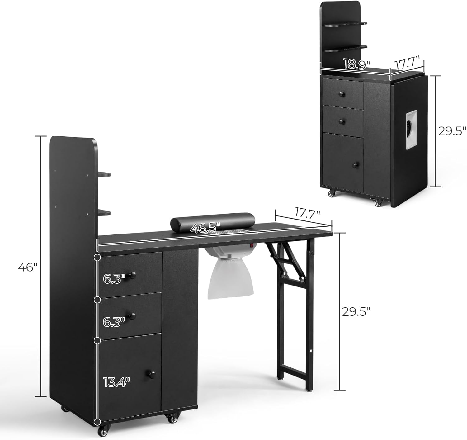Nail Desk Station Folding Table,Manicure Table for Nail Tech, Makeup Salon Storage Table w/ 2 Drawers & 1 Door, Lockable Wheels, Wrist Cushion,Storage Shelf for Nail Art Salon Home Beauty (Black)